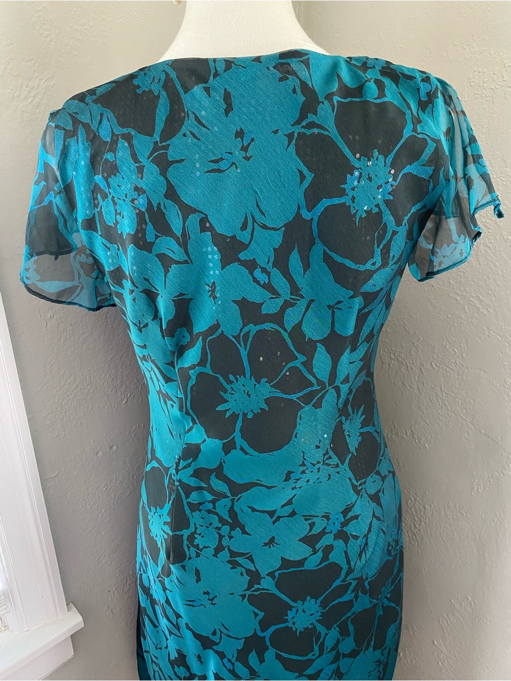 Vtg Whimsigoth Teal Black Floral Sequin Lined MIDI Dress Grunge Fairy Wedding 10 - Picture 9 of 11